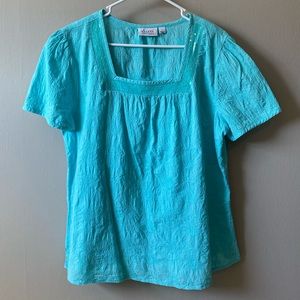 D&CO Embroidered Teal Short Sleeve Shirt Sz L